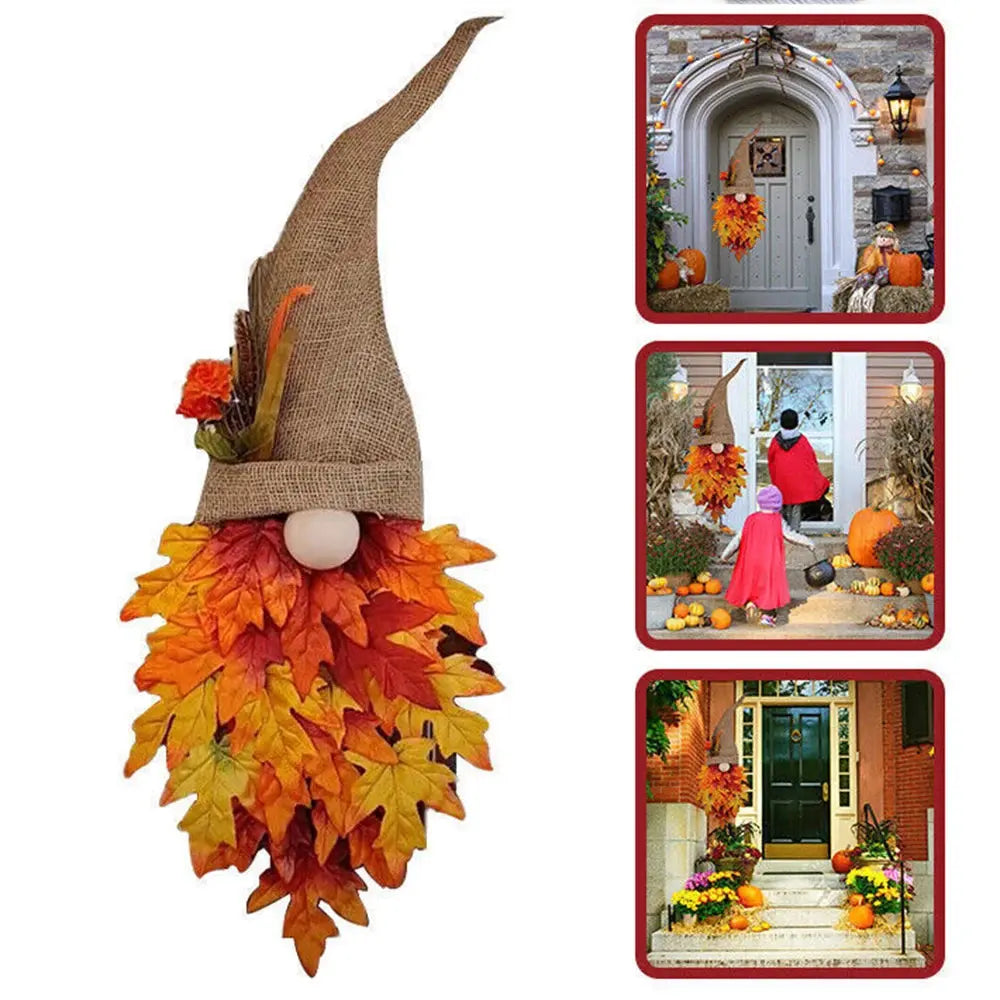 Door Hanger Gnome Silhouette Fabric & Faux Maple Leaves