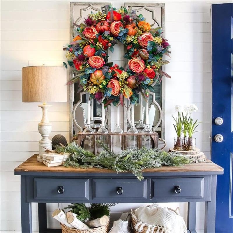 Door Wreath Handcrafted Peony & Pumpkin Indoor Outdoor