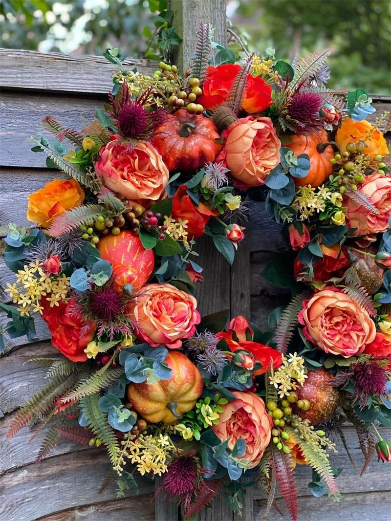 Door Wreath Handcrafted Peony & Pumpkin Indoor Outdoor