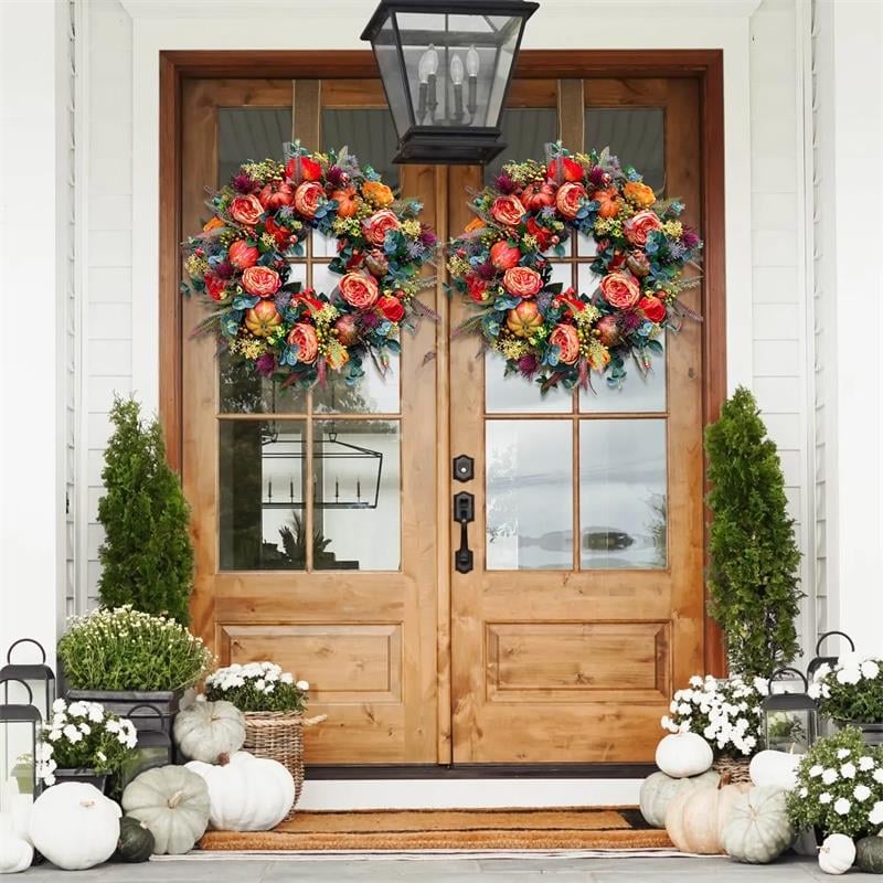 Door Wreath Handcrafted Peony & Pumpkin Indoor Outdoor