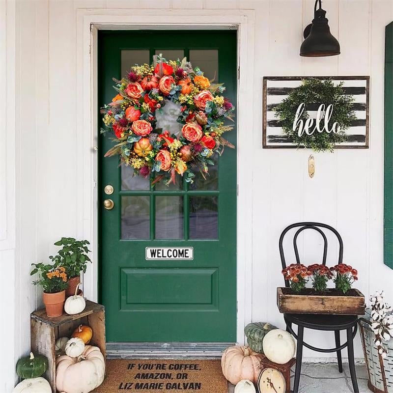 Door Wreath Handcrafted Peony & Pumpkin Indoor Outdoor