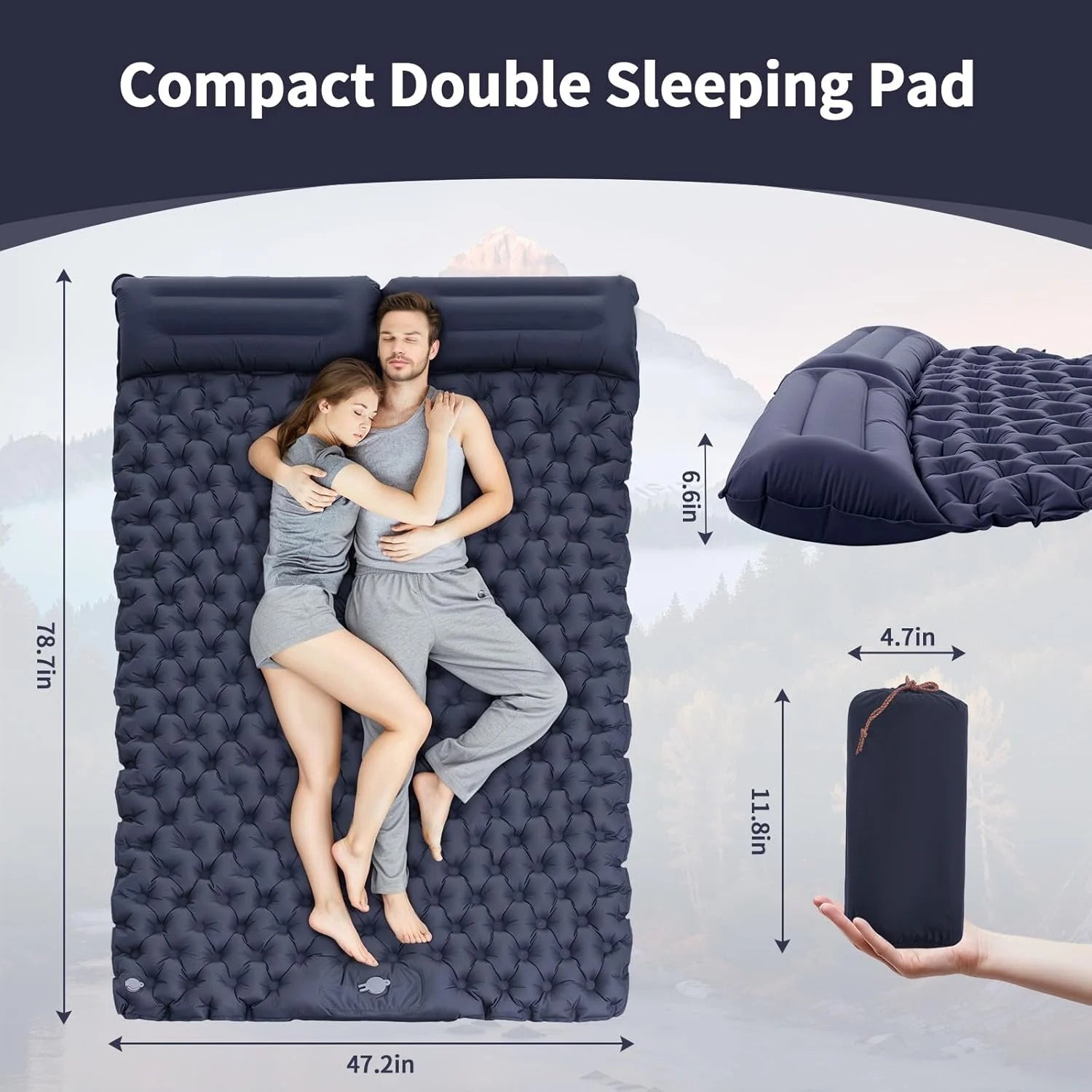 Double Air Mattress Integrated Foot Pump & Attached Pillows