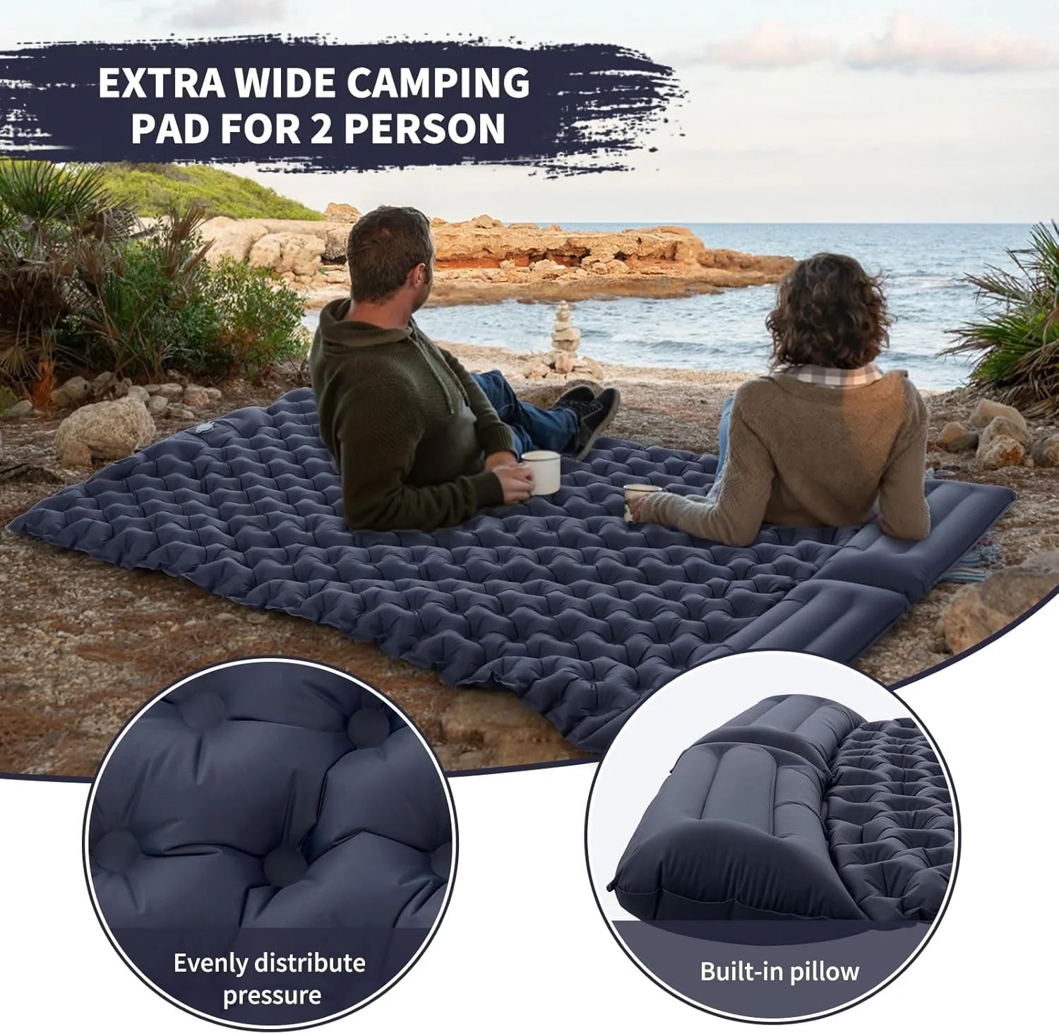 Double Air Mattress Integrated Foot Pump & Attached Pillows