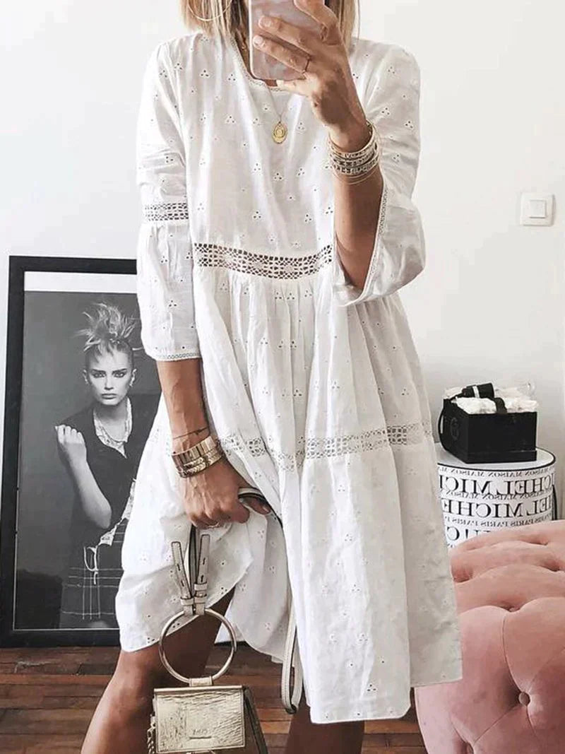 Dress Embroidered Lace Cut-Out Flower Loose Fit