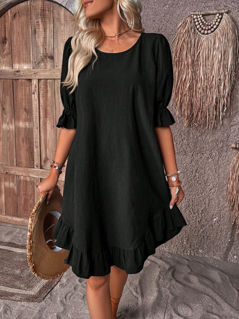 Dress Half Puff Sleeves Ruffled Hem Knee-Length