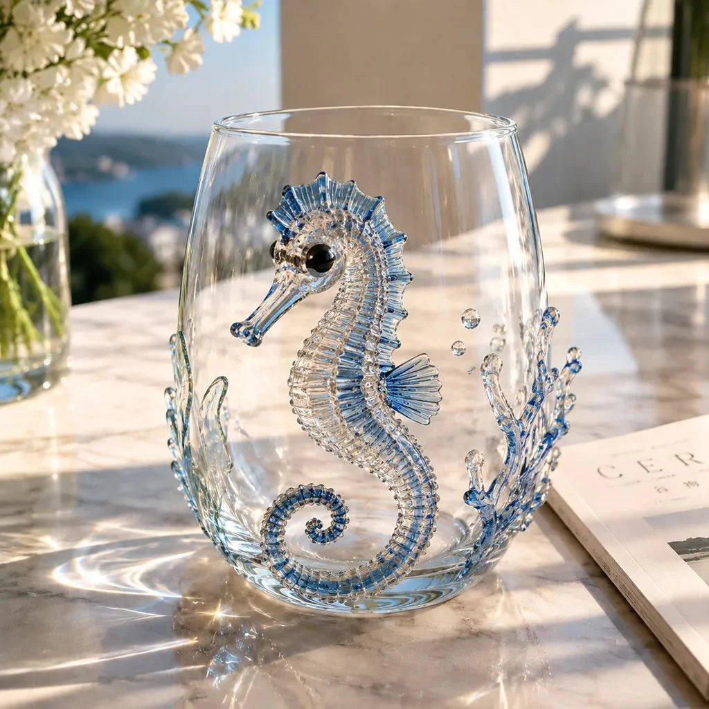 Drinking Glass Hand-Painted Octopus Motif Blue & Gold
