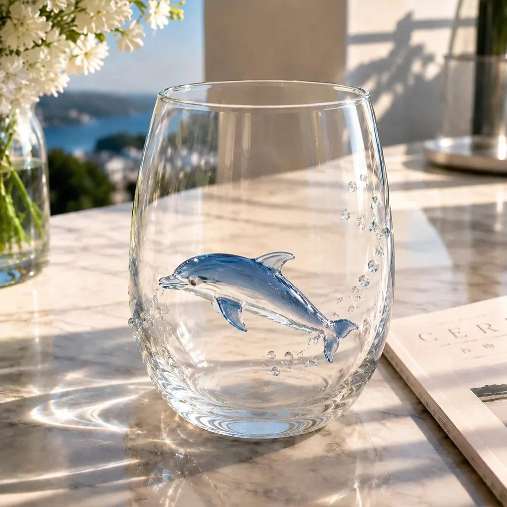 Drinking Glass Hand-Painted Octopus Motif Blue & Gold