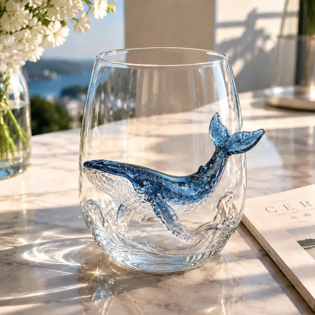 Drinking Glass Hand-Painted Octopus Motif Blue & Gold