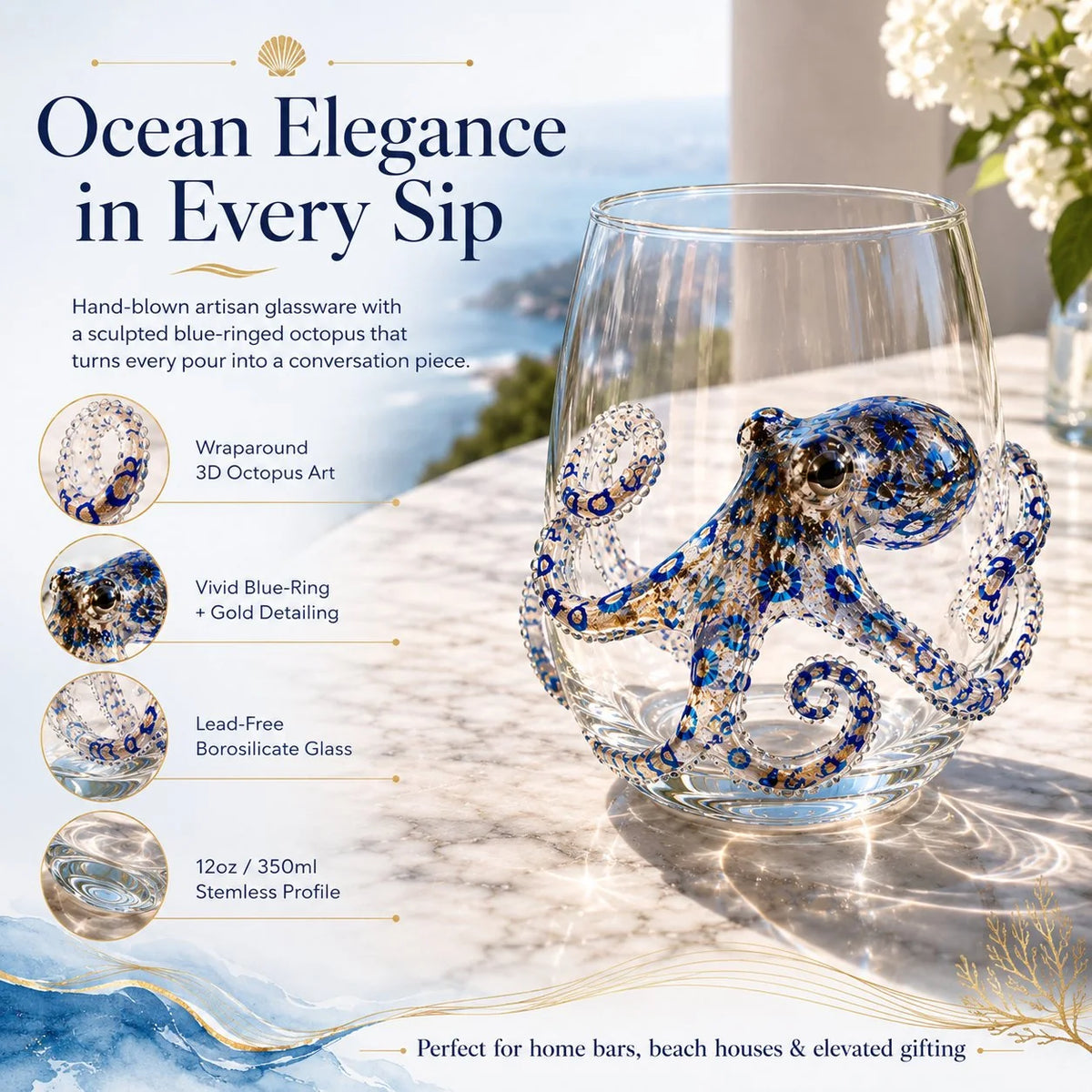 Drinking Glass Hand-Painted Octopus Motif Blue & Gold