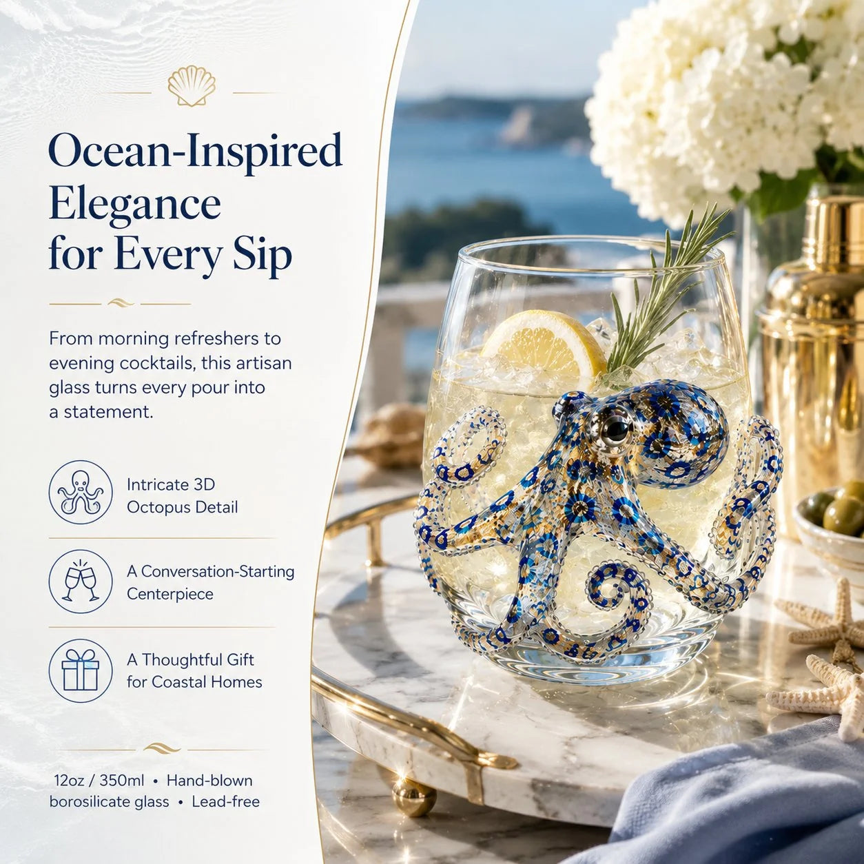 Drinking Glass Hand-Painted Octopus Motif Blue & Gold