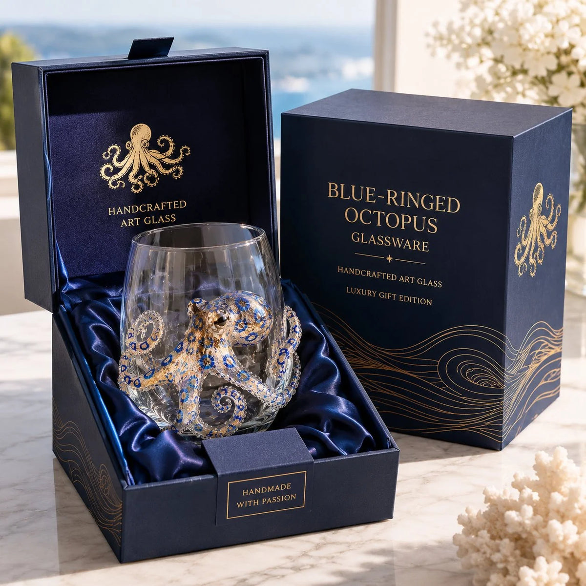 Drinking Glass Hand-Painted Octopus Motif Blue & Gold