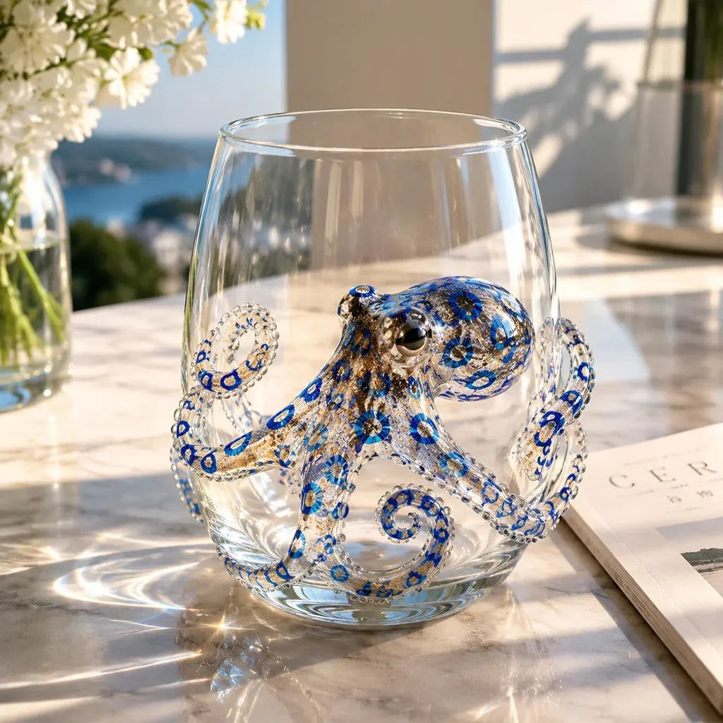 Drinking Glass Hand-Painted Octopus Motif Blue & Gold