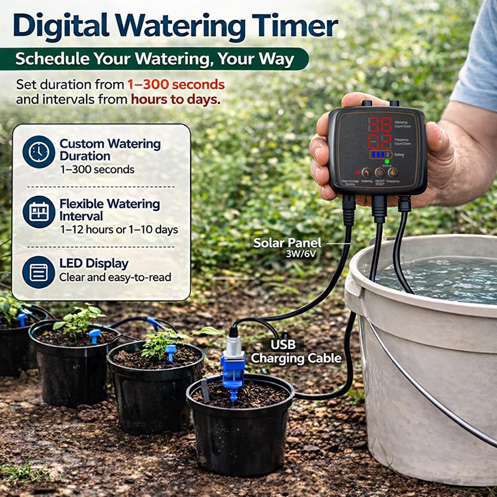 Drip Irrigation System 12-Plant Solar Digital Timer