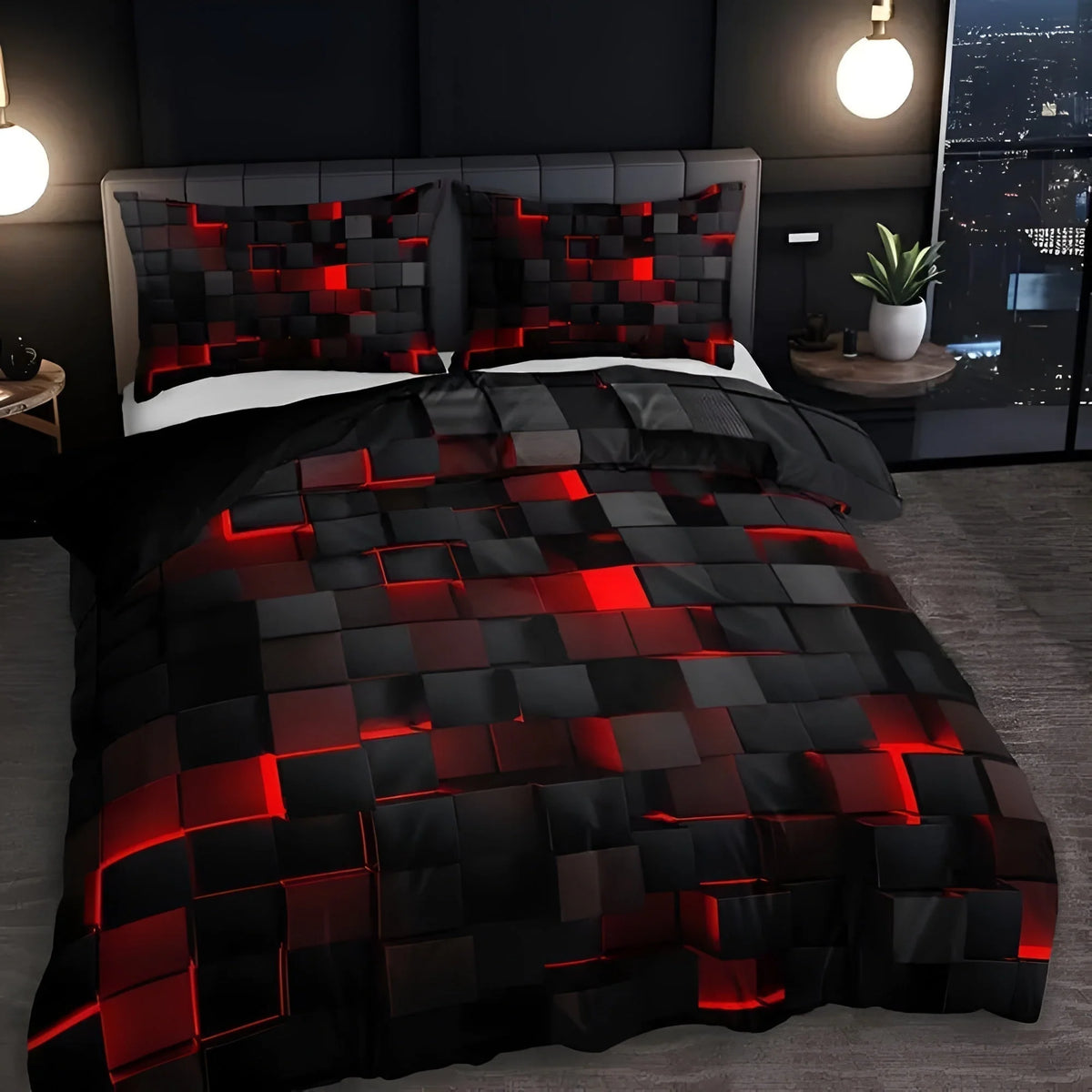 Duvet Cover Set 3D Grid Microfiber-Cotton Machine Washable