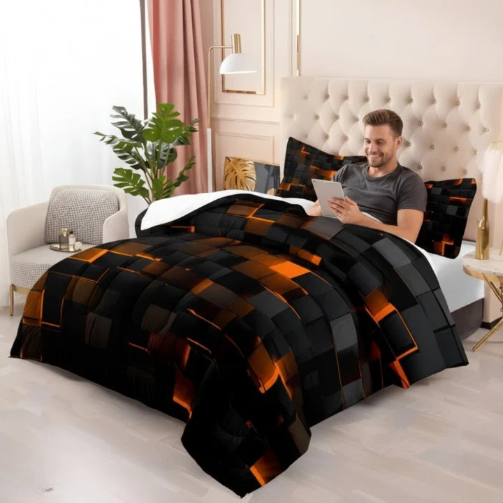Duvet Cover Set 3D Grid Microfiber-Cotton Machine Washable