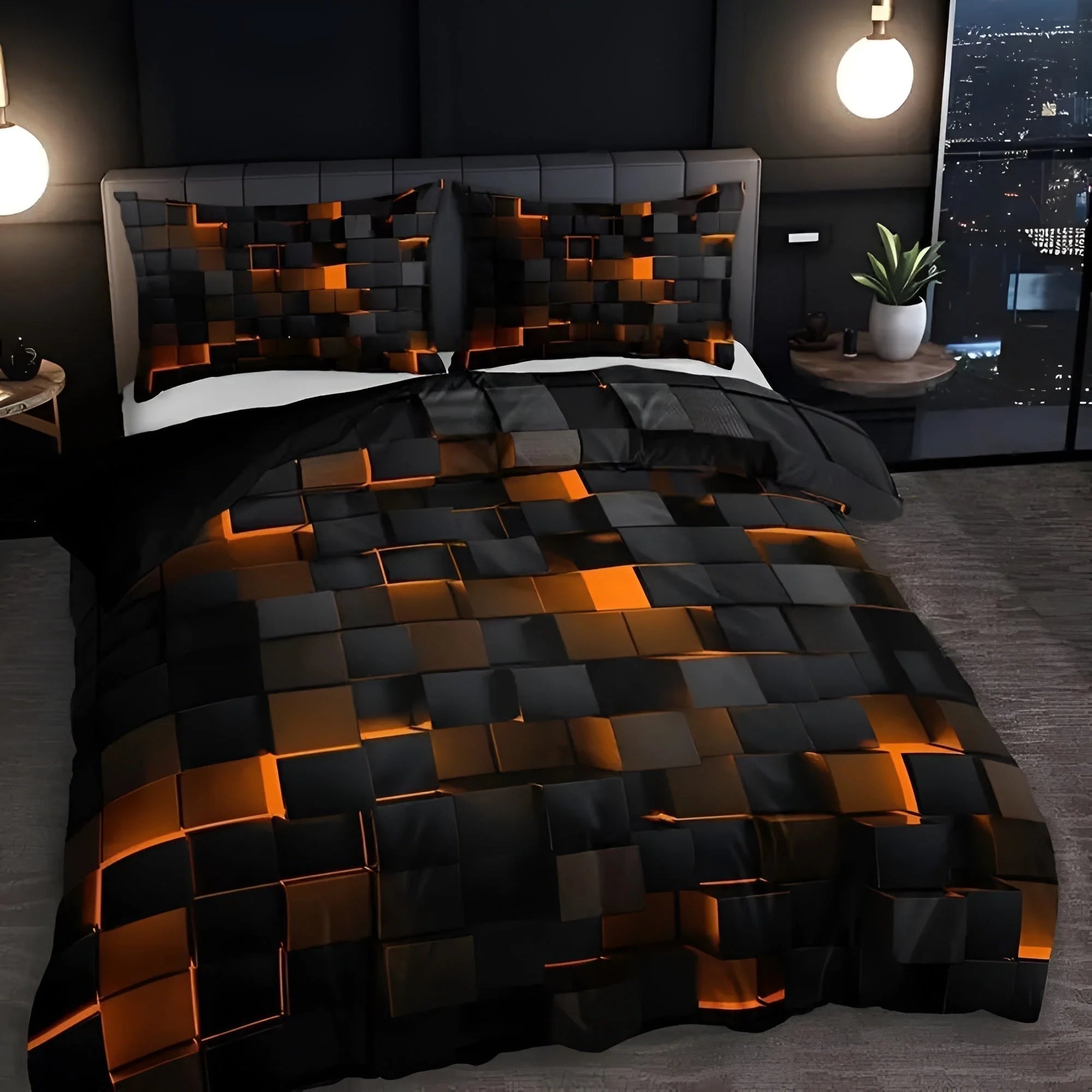 Duvet Cover Set 3D Grid Microfiber-Cotton Machine Washable