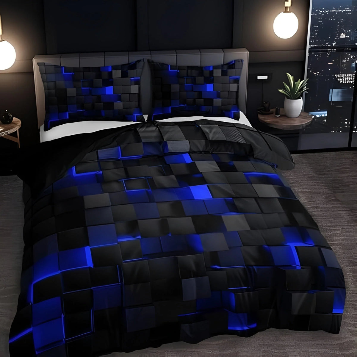 Duvet Cover Set 3D Grid Microfiber-Cotton Machine Washable