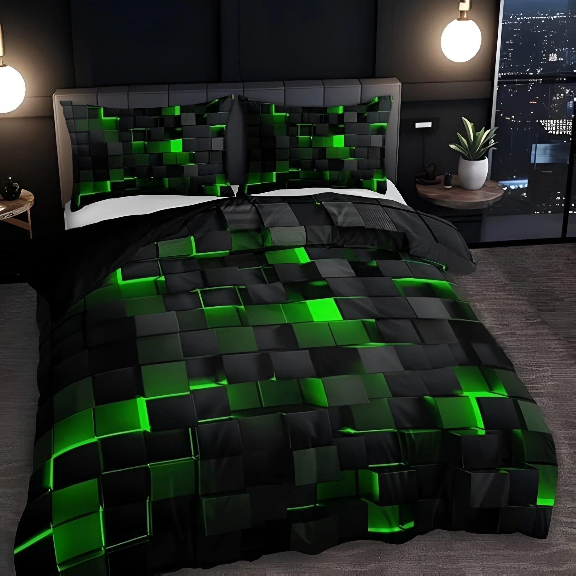 Duvet Cover Set 3D Grid Microfiber-Cotton Machine Washable