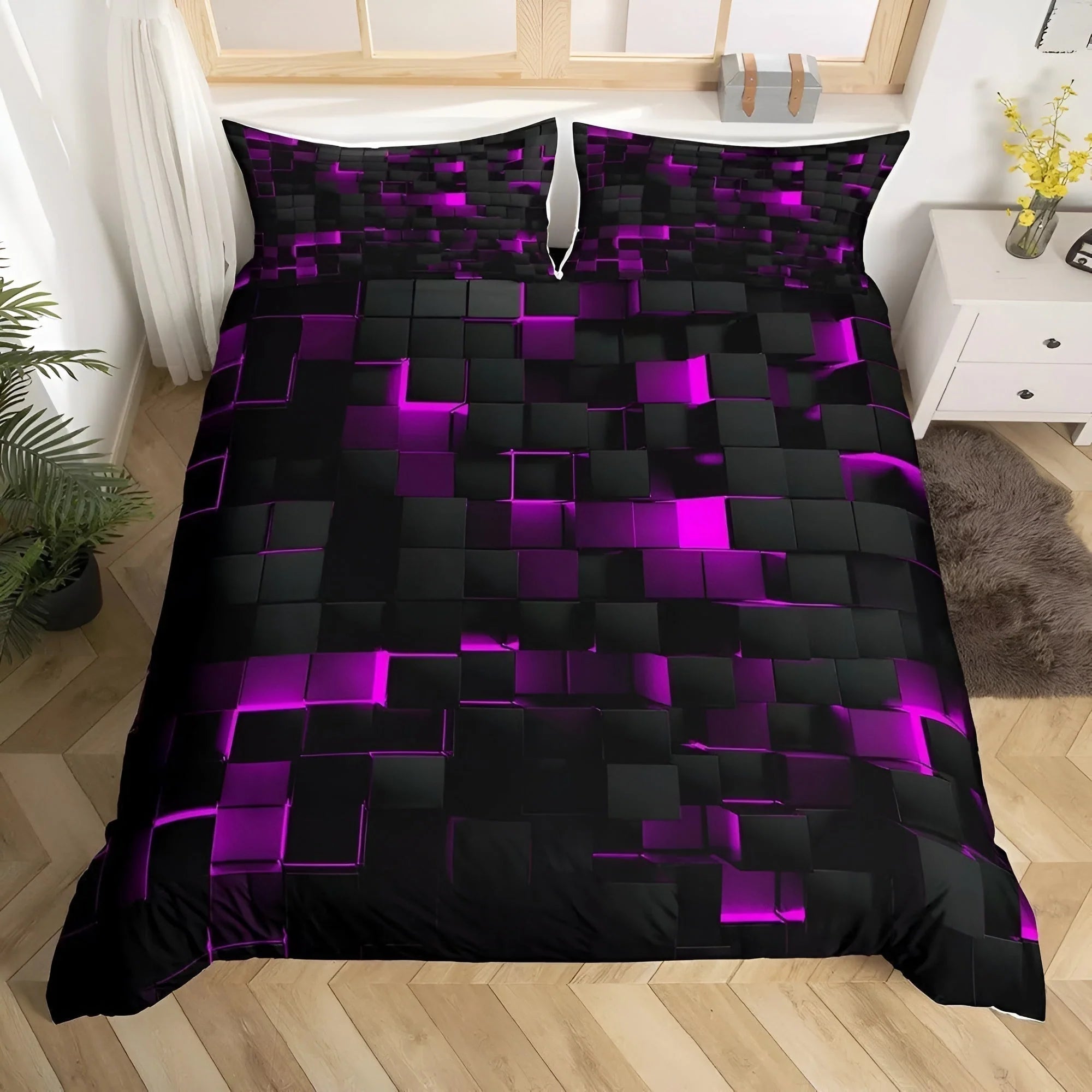 Duvet Cover Set 3D Grid Microfiber-Cotton Machine Washable