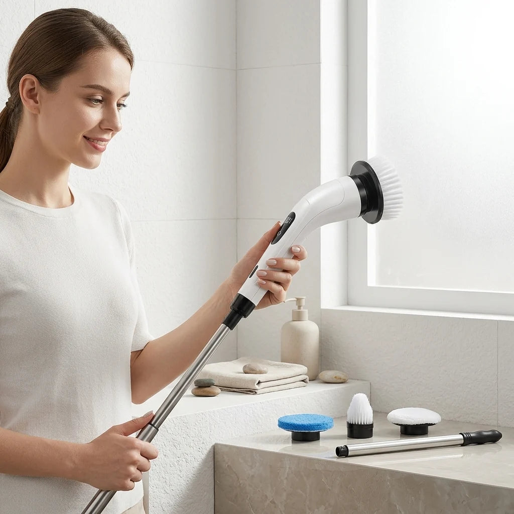 Electric Cleaning Brush Cordless Telescopic Handle 8 Interchangeable Brushes