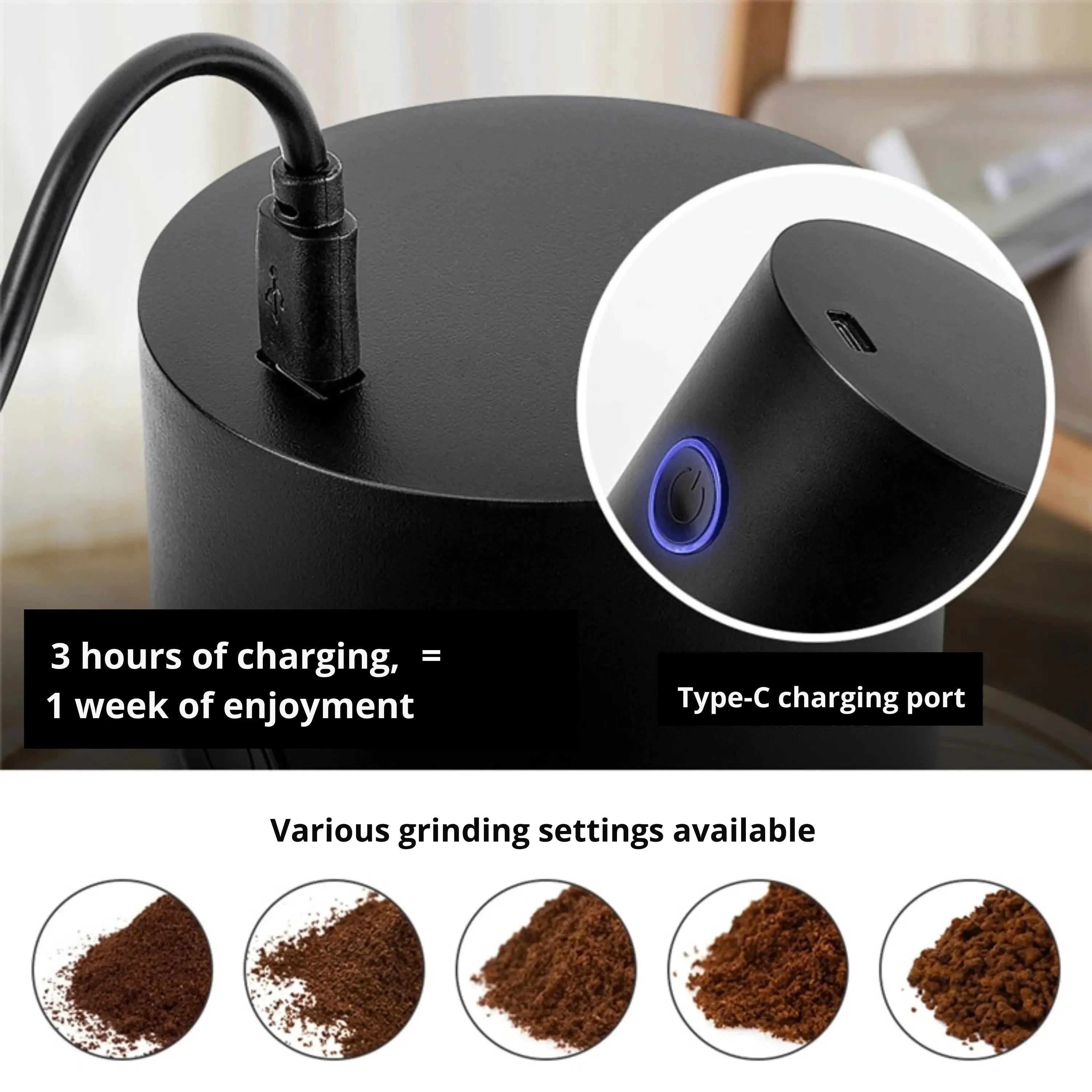 Electric Coffee Grinder USB Rechargeable Adjustable Grind