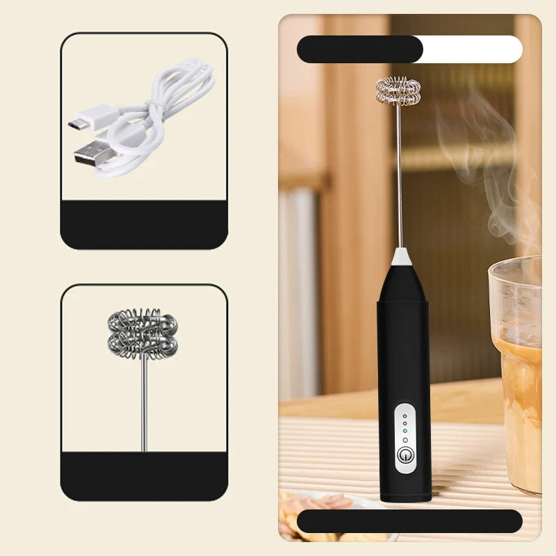 Electric Milk Frother 3-Speed USB Rechargeable Stainless Steel Whisk