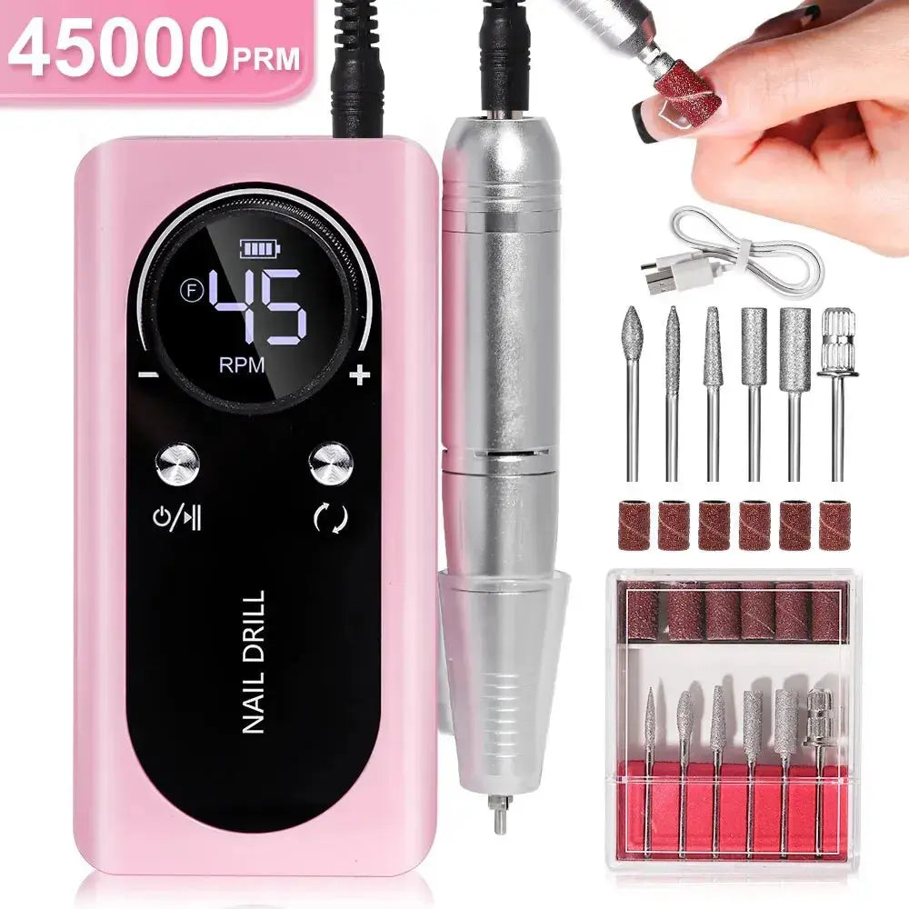 Electric Nail Drill 45,000 RPM Aluminum Handpiece & USB-C Charging