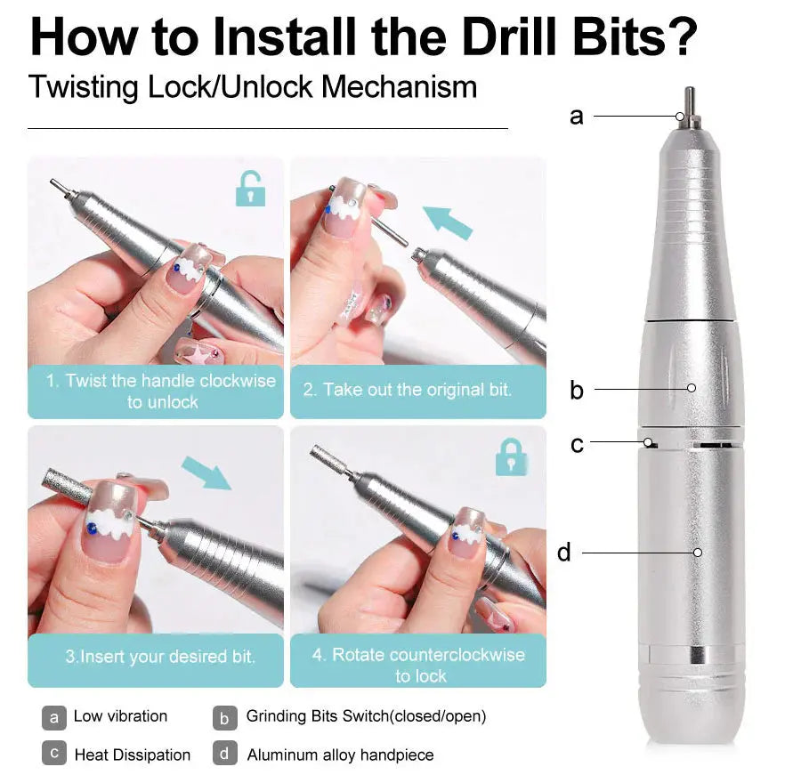 Electric Nail Drill 45,000 RPM Aluminum Handpiece & USB-C Charging