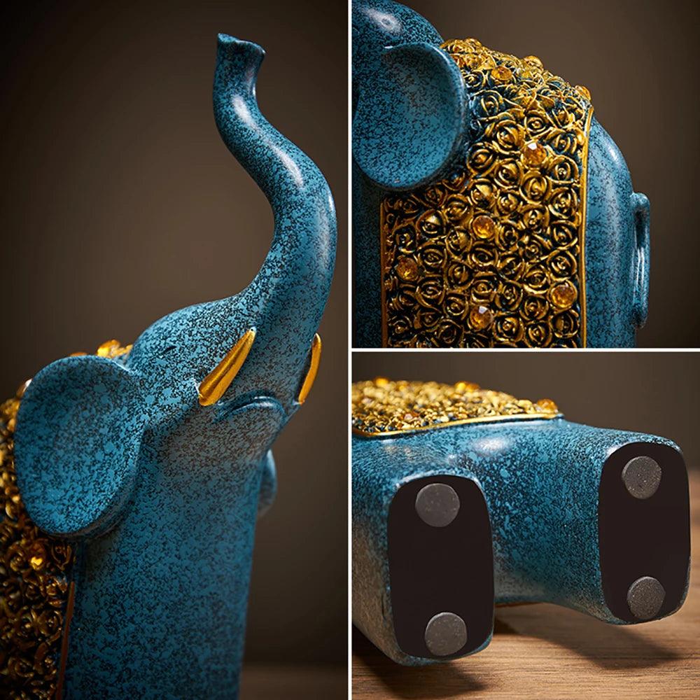 Elephant Figurines Turquoise Resin Gold Ornaments Set of 2