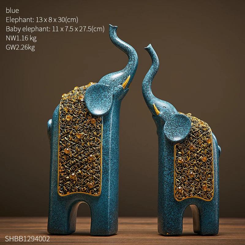 Elephant Figurines Turquoise Resin Gold Ornaments Set of 2