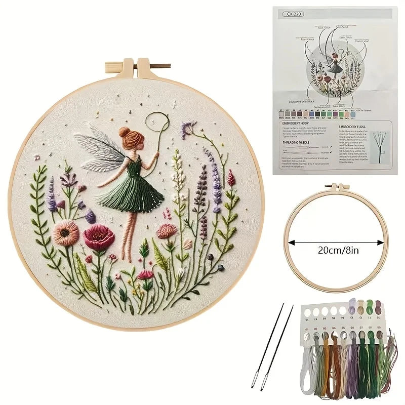 Embroidery Kit Complete Beginner Pre-Printed 20 cm Wooden Hoop