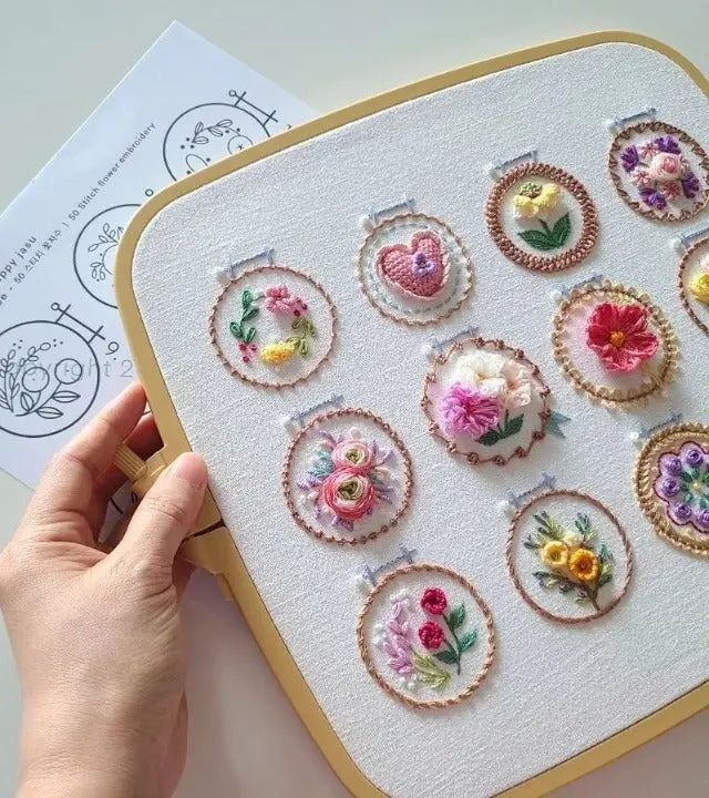 Embroidery Kit Printed Linen Wooden Hoop Set of 12