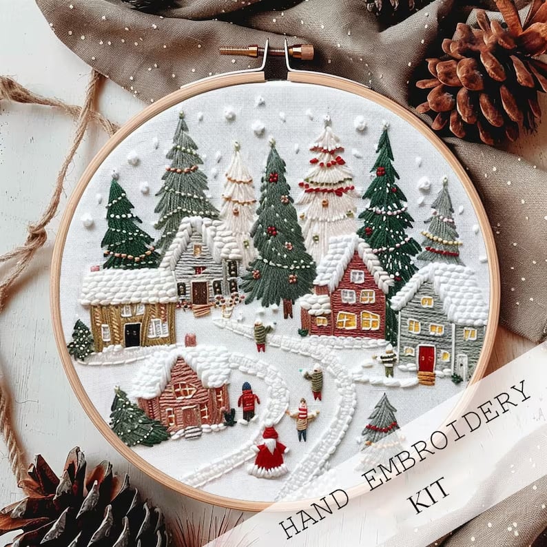 Embroidery Kit Winter Village Beginner Friendly 8-Inch Hoop