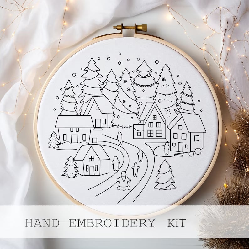 Embroidery Kit Winter Village Beginner Friendly 8-Inch Hoop