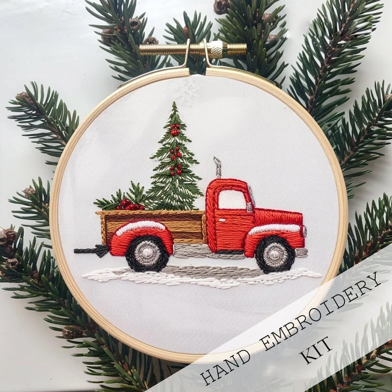 Embroidery Kit Winter Village Beginner Friendly 8-Inch Hoop