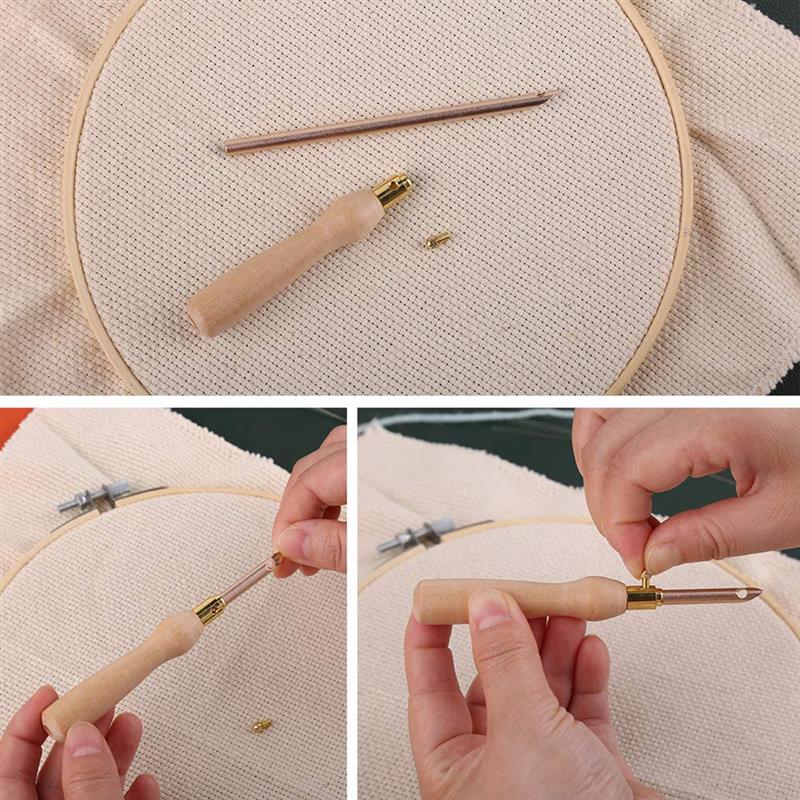 Embroidery Punch Needle Tool Ergonomic Wood Handle Interchangeable Needles
