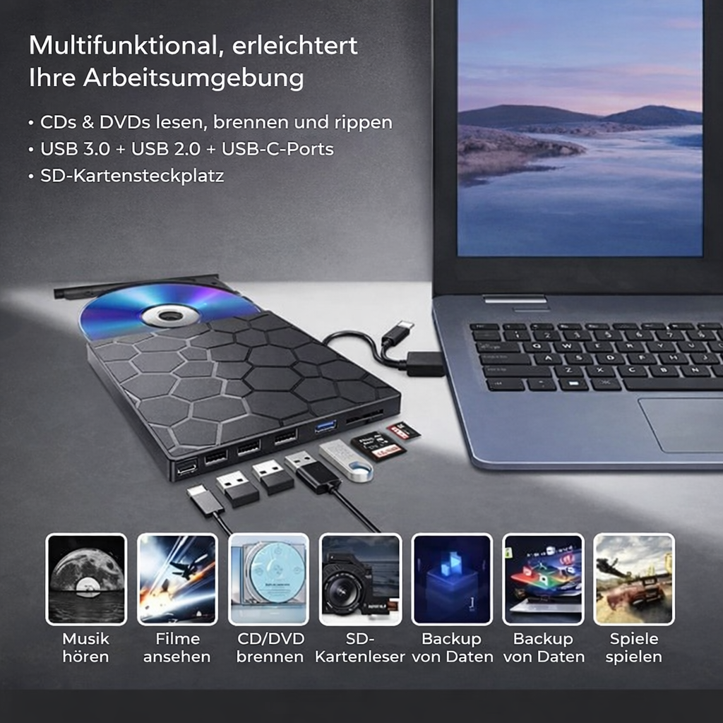 External CD/DVD Drive USB-C Hub SD & MicroSD Reader