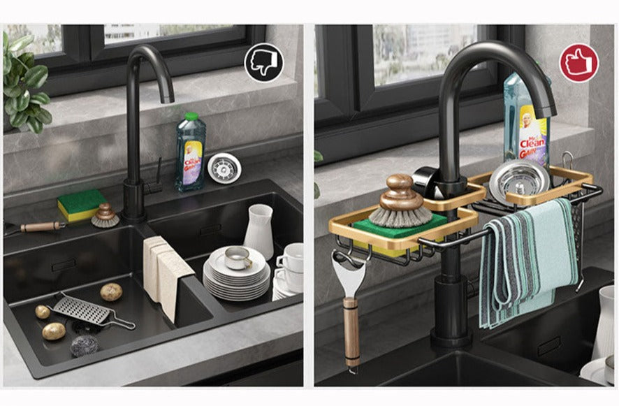Faucet Organizer Dual Baskets & Towel Bar Rust-Free Aluminum