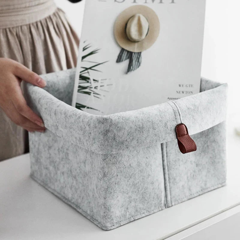 Felt Storage Box Shape-Stable Foldable Lid & Leather Handle