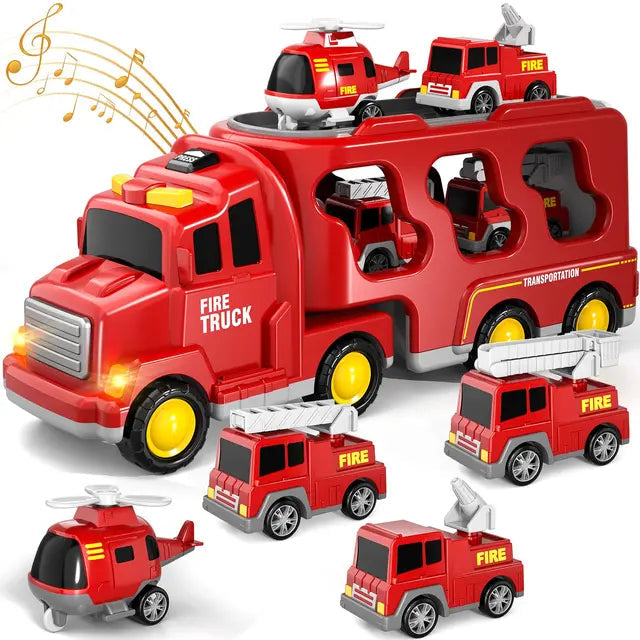 Fire Truck Transporter Playset Interactive Light & Sound Multiple Vehicles