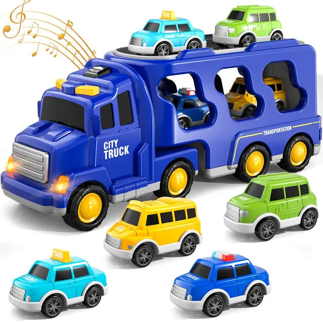 Fire Truck Transporter Playset Interactive Light & Sound Multiple Vehicles