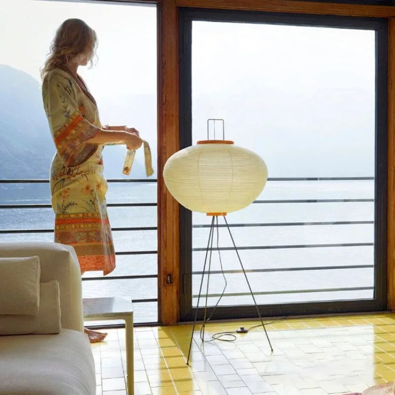 Floor Lamp Rice Paper Shade Metal Tripod Adjustable Color Temperature