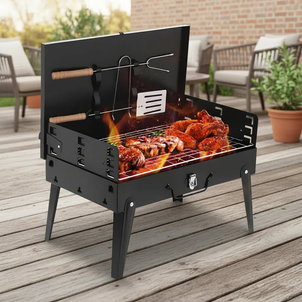 Foldable Grill Suitcase Portable Powder-Coated Steel & Stainless Grate