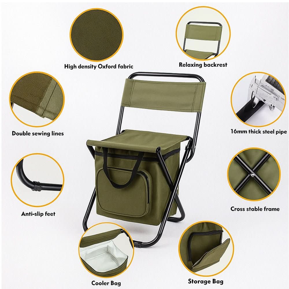 Folding Camping Chair Built-In Cooler Bag Steel Frame