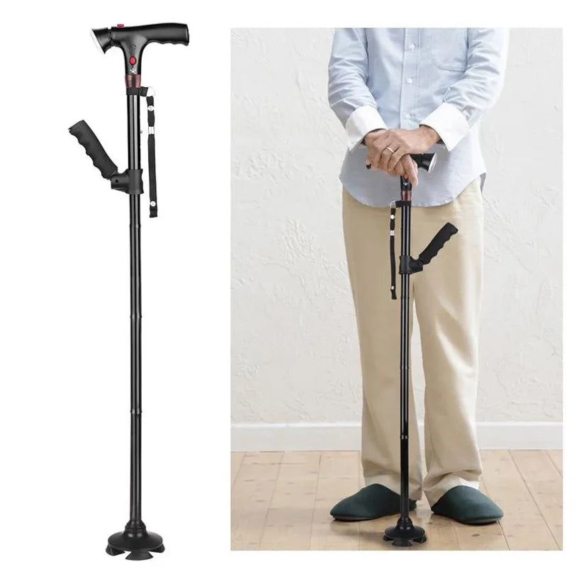 Folding Walking Cane Height-Adjustable LED Light & Alarm