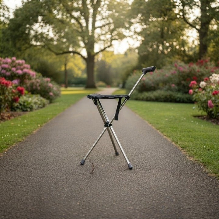Folding Walking Cane Tripod Seat Stainless Steel 330 lb