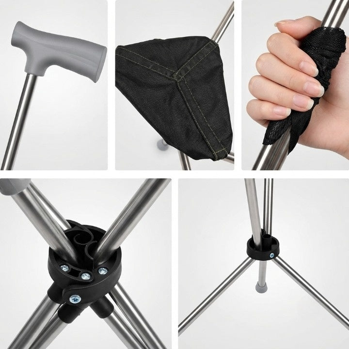 Folding Walking Cane Tripod Seat Stainless Steel 330 lb
