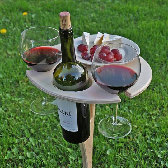 Folding Wine Table Wooden Bottle & 2 Glass Holders