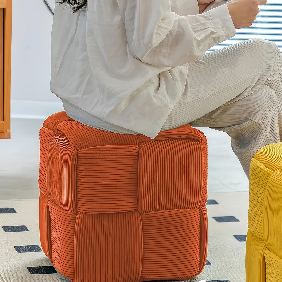 Footstool Corduroy Upholstered Foam-Filled Compact Size