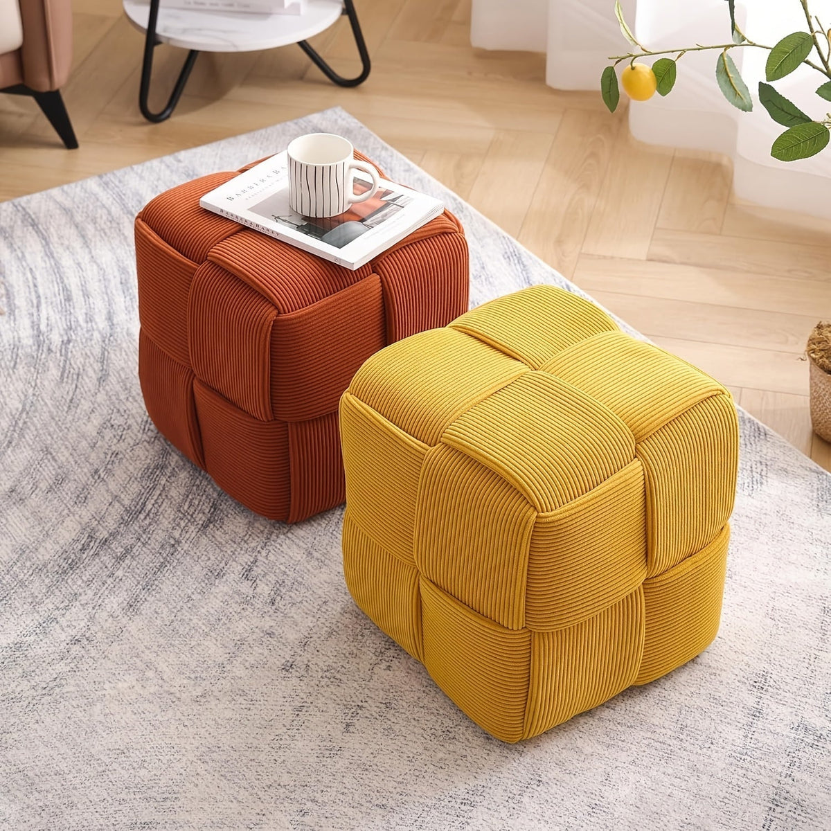 Footstool Corduroy Upholstered Foam-Filled Compact Size